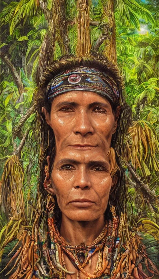 Prompt: a beautiful portrait of an amazonian shaman healer sitting in the jungle, doing a prayer, ayahuasca, high detail painting, fantasy art, highly detailed, realistic face, only one face, starry sky, canopee