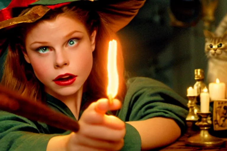 Image similar to close up portrait, dramatic lighting, teen witch calmly pointing a magic wand casting a spell over a large open book on a table with, short hair, cat on the table in front of her, sage smoke, a witch hat cloak, apothecary shelves in the background, still from harry potter and peter pan