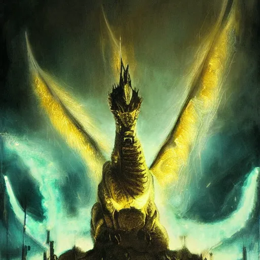 Image similar to king ghidorah, 3 heads, electric storm, painted by jeremy mann