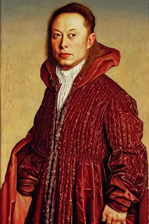 Image similar to portrait of elon musk, oil painting by jan van eyck, northern renaissance art, oil on canvas, wet - on - wet technique, realistic, expressive emotions, intricate textures, illusionistic detail