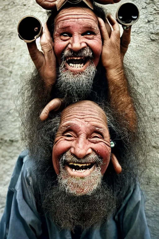 Image similar to a old laughing happy old man with 3 heads and 6 eyes, long hair, long beard, hanging upsidedown by steve mccurry