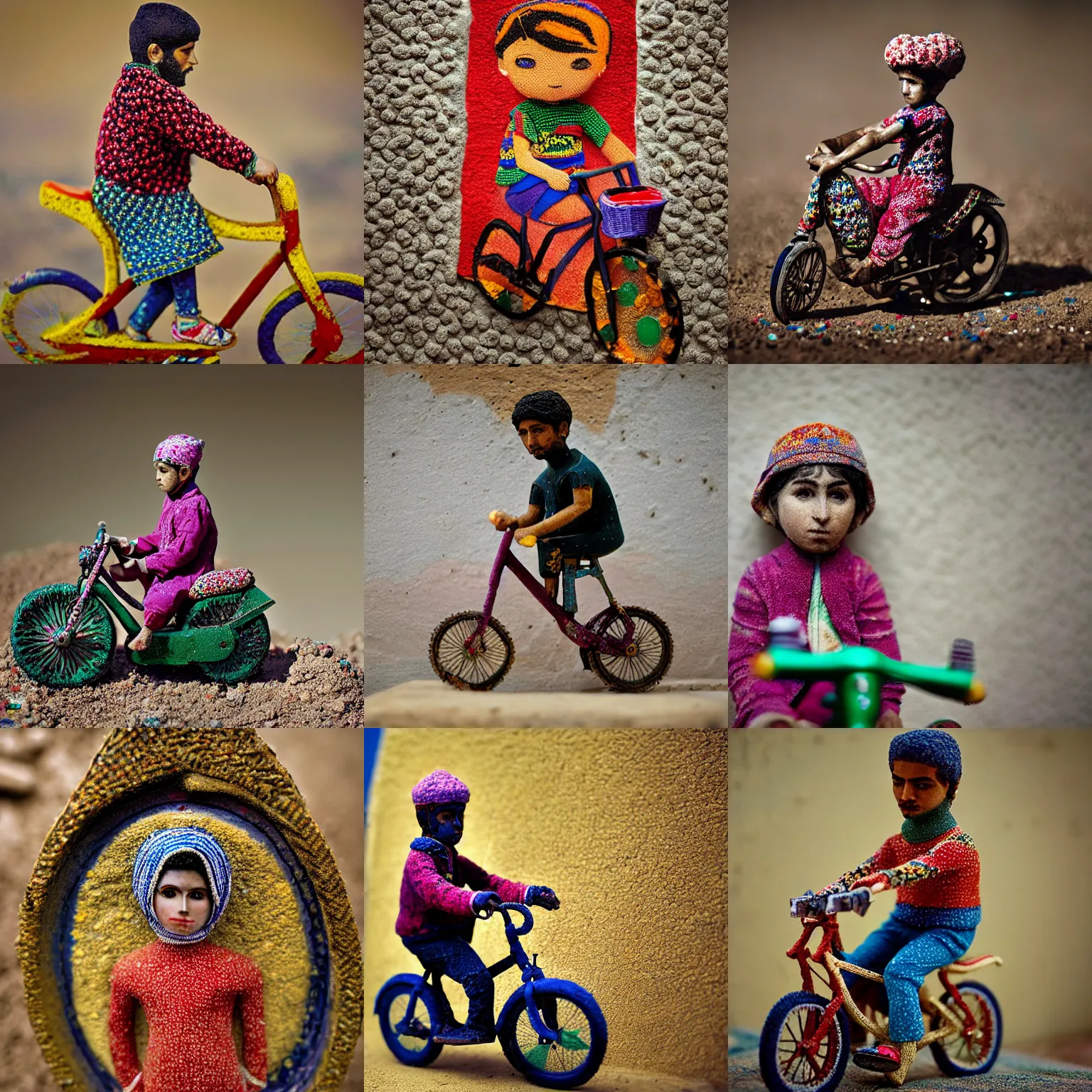 Prompt: portrait of a carpeted figurine of Iranian child on a bike, colourful, detailed, depth of field, intricate, delicate, by Jonas Jensen, Magnum photos