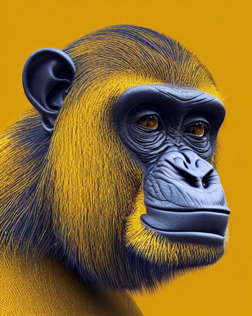 Prompt: gold, blue, head to shoulders illustration of a chimpanzee, 3 d, 8 k, extremely detailed, artstation