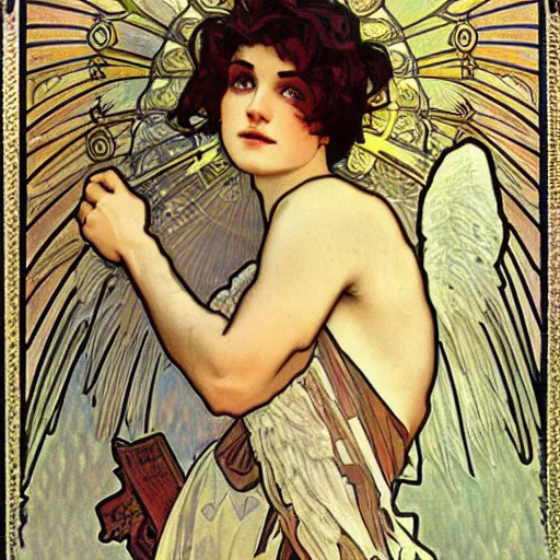 Prompt: ultra realistic illustration of young winged boy angel, full body, male body, elegant study, art nouveau poster by alphonse mucha