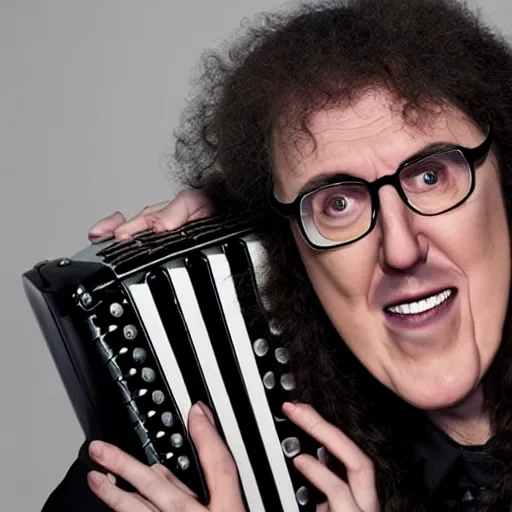 Prompt: weird al yankovic in a rocketship panicking while holding an accordion, close up