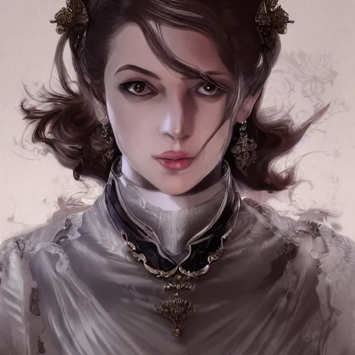 Image similar to portrait of lady dimitrescu from resident evil village, baroque style, elegant, beautiful, mesmerizing, concept art, highly detailed, artstation, behance, deviantart, inspired by innocent manga, inspired by castlevania concept art, trending, ayami kojima, shinichi sakamoto