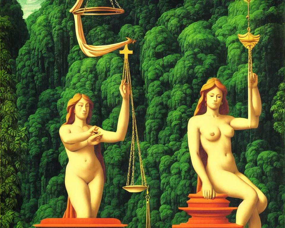 Image similar to achingly beautiful print of lady justice outside a temple in the rainforest by raphael, hopper, and rene magritte. detailed, romantic, enchanting, trending on artstation.