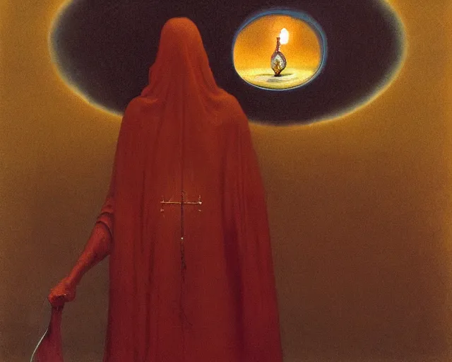 Image similar to lamprey by francis bacon, beksinski, mystical redscale photography evocative. devotion to the scarlet woman in her cathedral, priestess in a conical hat, coronation, ritual, sacrament