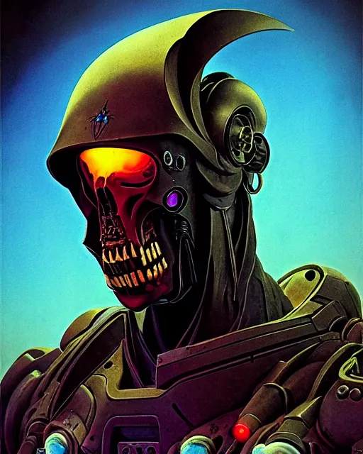 Image similar to reaper from overwatch, character portrait, portrait, close up, concept art, intricate details, highly detailed, vintage sci - fi poster, retro future, in the style of chris foss, rodger dean, moebius, michael whelan, and gustave dore