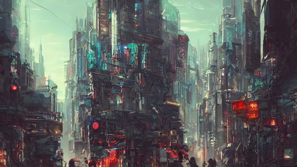 Image similar to Cyberpunk city, street vendors, citizens, augmented cyborgs, robots, skyscapers, buildings, clouds, sunset, painted by seb mckinnon, high detail, digital art, trending on artstation