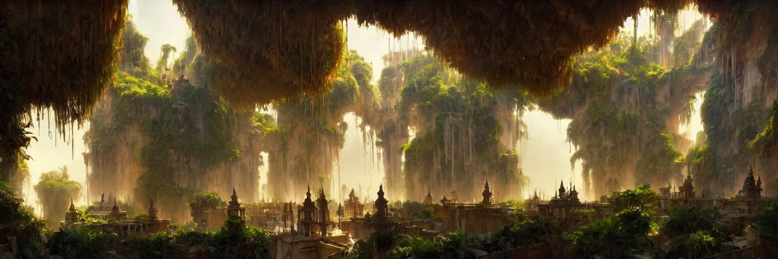 Prompt: a cinematic scene from the hanging gardens of babylon, concept art by james gurney and greg rutkowski, dramatic lighting, ultra hd, hdr, 8 k