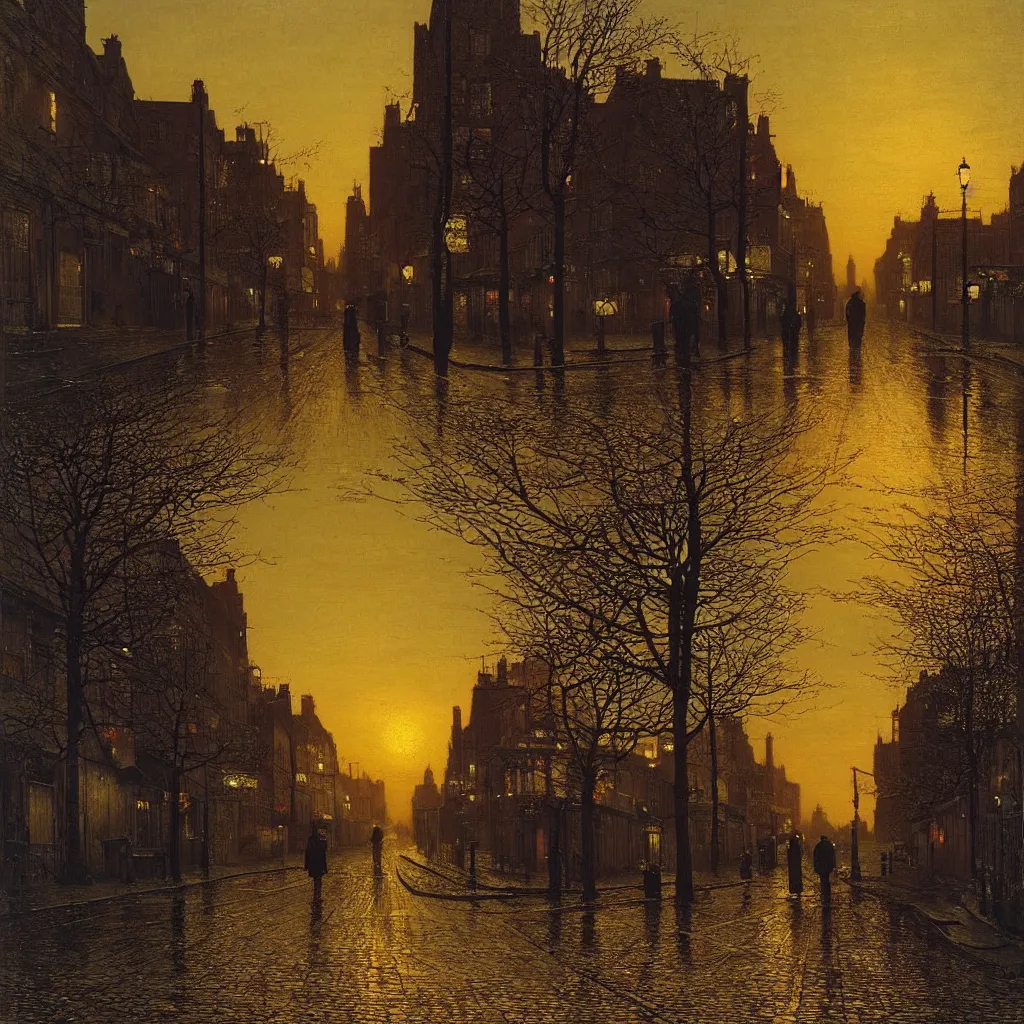 Image similar to street at sunset, highly detailed, 8K, by Atkinson Grimshaw John