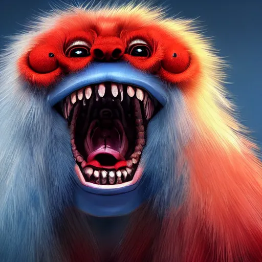 Image similar to a blue furry creature with large red lips, sharp teeth, 4 k photorealistic quality, trending on cgsociety, horror art, eerie art style