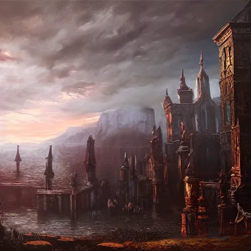 Image similar to bloodborne, beautiful extremely detailed landscape oil on canvas painting in the style of 1 9 th century hudson river school of art