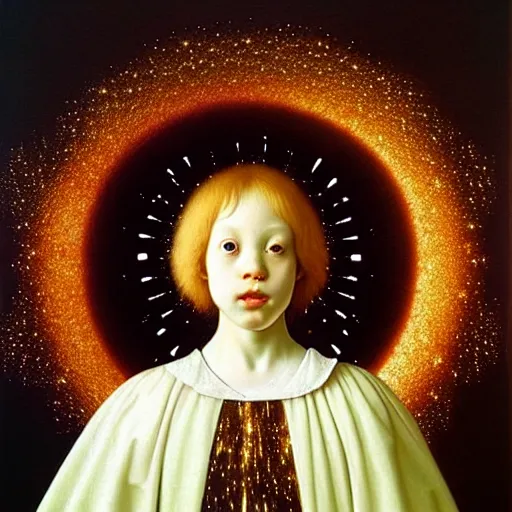 Image similar to highdetailed hyperrealistic of white angel!!! giant ball of miracle light from the chest!!!!!, white sparkles everywhere, lot of fire and stars overhead!!!, by jan van eyck, holography space, glow effect, large strokes, clean lines, white monocolor, oil painting