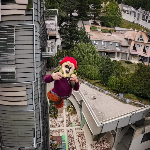 Prompt: some dwarfs are making some backyard somersault from a balcony, photography