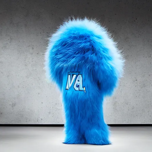 Image similar to nike fluffy monster made of very fluffy blue faux fur placed on reflective surface, professional advertising, overhead lighting, heavy detail, realistic by nate vanhook, mark miner