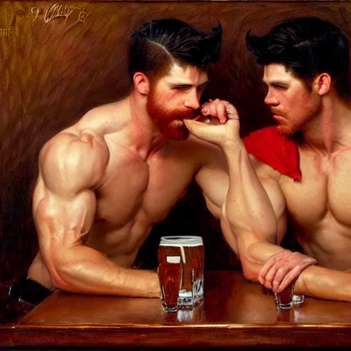 Image similar to attractive muscular male with red hair and muscular attractive male with black hair, drinking their hearts out, in a pub. very defined and highly detailed painting by gaston bussiere, j. c. leyendecker, craig mullins 8 k