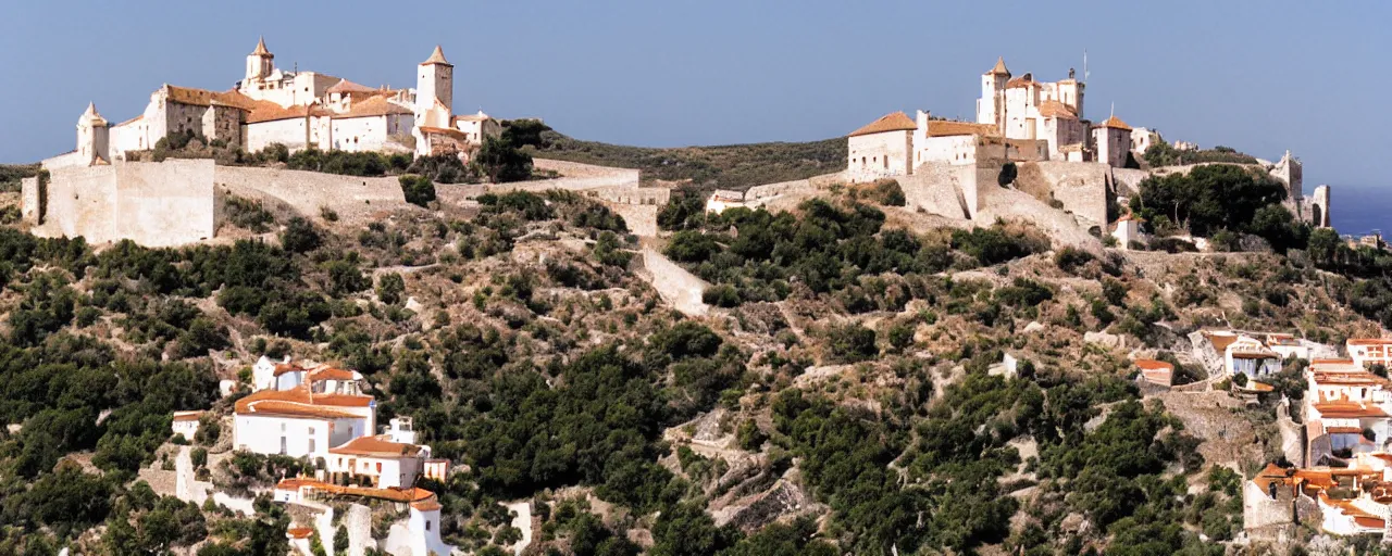 Image similar to 35mm photo of the Spanish castle of Salobrena on the top of a large rocky hill overlooking a white Mediterranean town, white buildings with red roofs, ocean and sky by June Sun