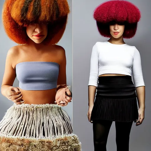 Image similar to sia furler with a afro wearing a mini skirt photoshoot