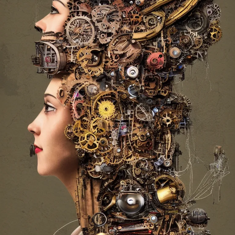 Image similar to profile portrait of a woman, computer parts, mechanical parts, by giuseppe arcimboldo, steampunk, cyberpunk, futuristic, psychedelic, surreal, sci - fi, vaporwave, alien, dreamlike.