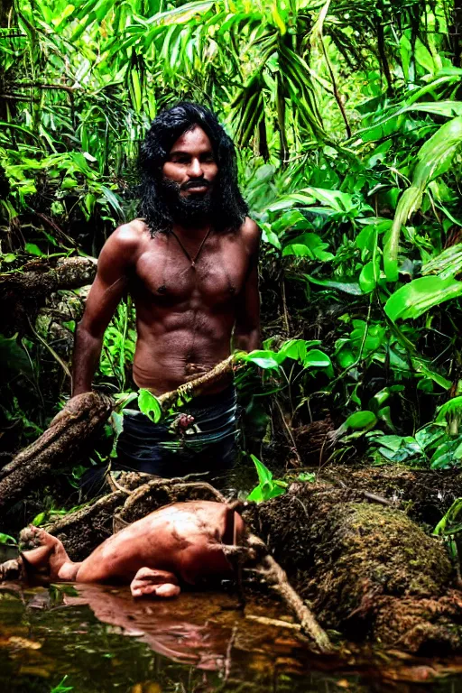 Image similar to predator in sri lankan jungle, submerged in water, black hair, hunter, extremely high fidelity, natural lighting