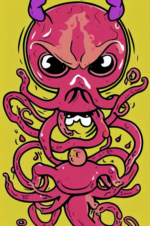 Prompt: Pug with tentacles, the devil, sticker, blood thirsty, spawn of Satan, burning in hell, blood, evil, colorful, illustration, highly detailed, simple, smooth and clean vector curves, no jagged lines, vector art, smooth