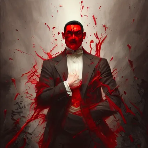 Prompt: portrait of aamir khan upper body in bloody business suit, blood red eyes, vampire fangs, fantasy, intricate, elegant, highly detailed, digital painting, artstation, concept art, matte, sharp focus, illustration, art by aenaluck and roberto ferri and greg rutkowski, epic fantasy, digital painting