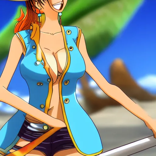 Prompt: nami from one piece in beach 4k