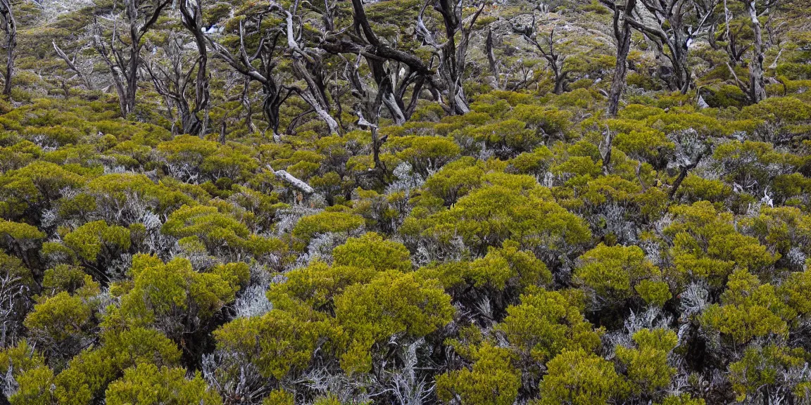 Prompt: Patagonian temperate forests. Magellanic, mountainous area. Rare flora, Nothofagus, twisted and bent trees. windy environment, shrubs, rocky and poorly drained. Succulent species, crowberries carpeting the ground. Overcast, cloudy. September 12th. Patagonian Chile and Argentina. Trending on Artstation, deviantart, worth1000. By Greg Rutkowski. National Geographic and iNaturalist HD photographs