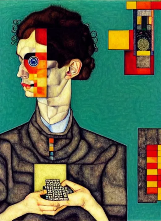 Prompt: mexican creative coder with a computer in geometric harmony, by egon schiele and quint buchholz, portrait, colorful, escher++, detail