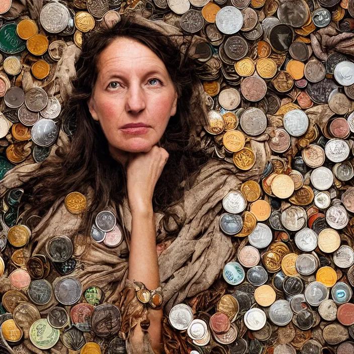 Image similar to closeup portrait of a woman wearing a cloak made of coins, standing in a heap of garbage, forest, by Annie Leibovitz and Steve McCurry, natural light, detailed face, CANON Eos C300, ƒ1.8, 35mm, 8K, medium-format print
