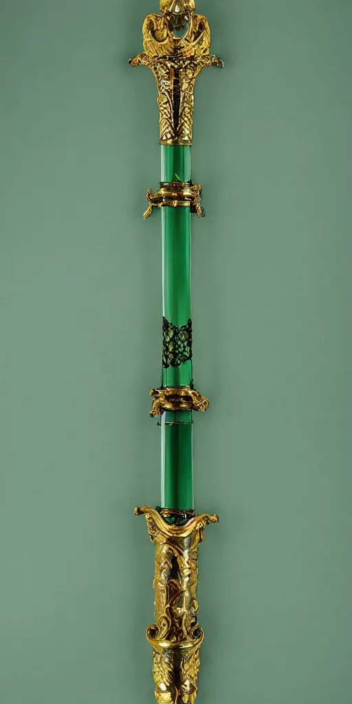 Image similar to photograph of a wide green and teal crystal sword with a big gold sword hilt