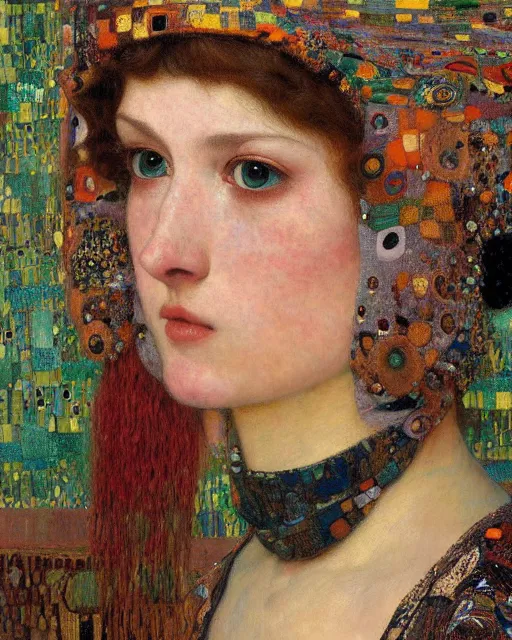 Image similar to a close up of beautiful wearing a balaclava surrounded by colourful intricate patterns, by gustave klimt edgar maxence and caravaggio and michael whelan, intricate painting, hyper realistic, extremely detailed and beautiful aesthetic face, 8 k resolution