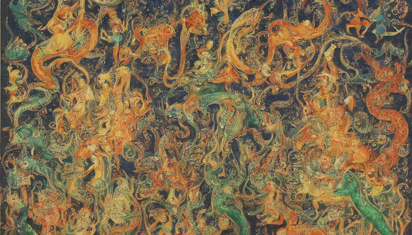 Image similar to realistic detailed photo rendered in octane 3d , human, sufi saint, or celestial rider guiding the magic. animal. such composite animal figures revealing a kaleidoscope of reptiles, mammals, birds, and amphibians could represent the internal unity of all beings through the successive, Indian Miniature Art Painting, late 80's, by Amano, Francis Bacon , Elizabeth Erickson, Kenny Schar, Robert Colescott painting, art by Takato Yamamoto. smooth shading, ultra detailed, high resolution, masterpiece. rendered in blender, deep colours, ultra realistic, cinematic, unreal 6