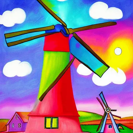 Prompt: bosch painting of a windmill using lisa frank colors