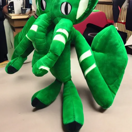 Prompt: i won this scyther plushie from the claw machine