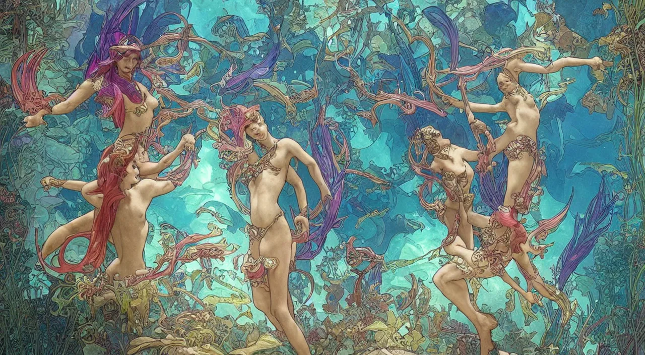 Image similar to Merfolk in the Lost City of Atlantis, very colourful, underwater, highly detailed, artstation, intricate, smooth, sharp focus, bright, happy, illustration, art by Artgerm and Greg Rutkowski and Alphonse Mucha and Yuumei, good clear quality, lighting, biology, symmetrical artwork, perfect face, 135 mm, cinematic, hyper realism, dark, moonlight, high detail, octane render, 8k, crimson highlights