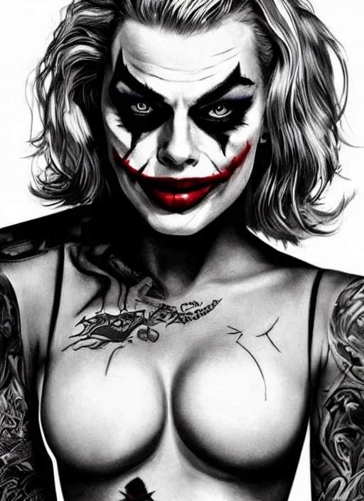 Image similar to tattoo design of margot robbie with joker makeup, ace card, in the style of den yakovlev, realistic face, black and white, realism tattoo, hyper realistic, highly detailed