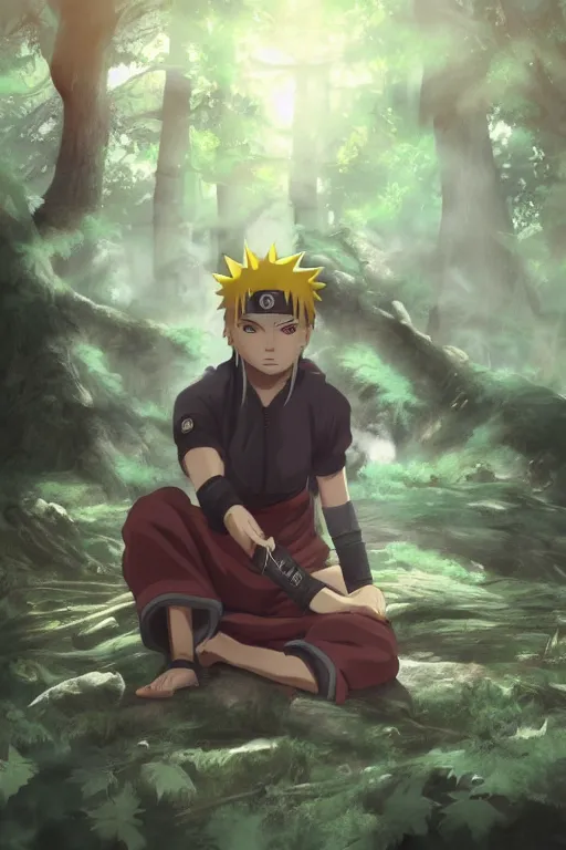 Image similar to photorealistic dark fantasy concept art of Naruto meditating in a forest, dynamic lighting, stunning visuals, realism, cinematic, hyper detailed, ultra detailed, beautiful visuals and sunset