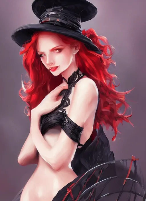 Image similar to a highly detailed illustration of tall beautiful red haired lady wearing black noir dress and black sun hat, dramatic smile pose, perfect face, perfect body, perfect eyes, intricate, elegant, highly detailed, centered, digital painting, artstation, concept art, smooth, sharp focus, league of legends concept art, wlop.