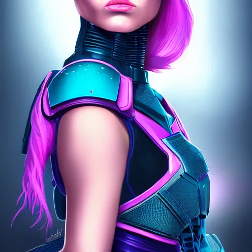 Image similar to a stunning upper body portrait of a beautiful young woman wearing futuristic navy blue and teal battle bodyarmor with pauldrons and luminescent fine lines and ombre purple and pink hairstyle with hair blowing in the wind, by marvel comics, highly detailed, fine detail, intricate, digital art, trending on artstation