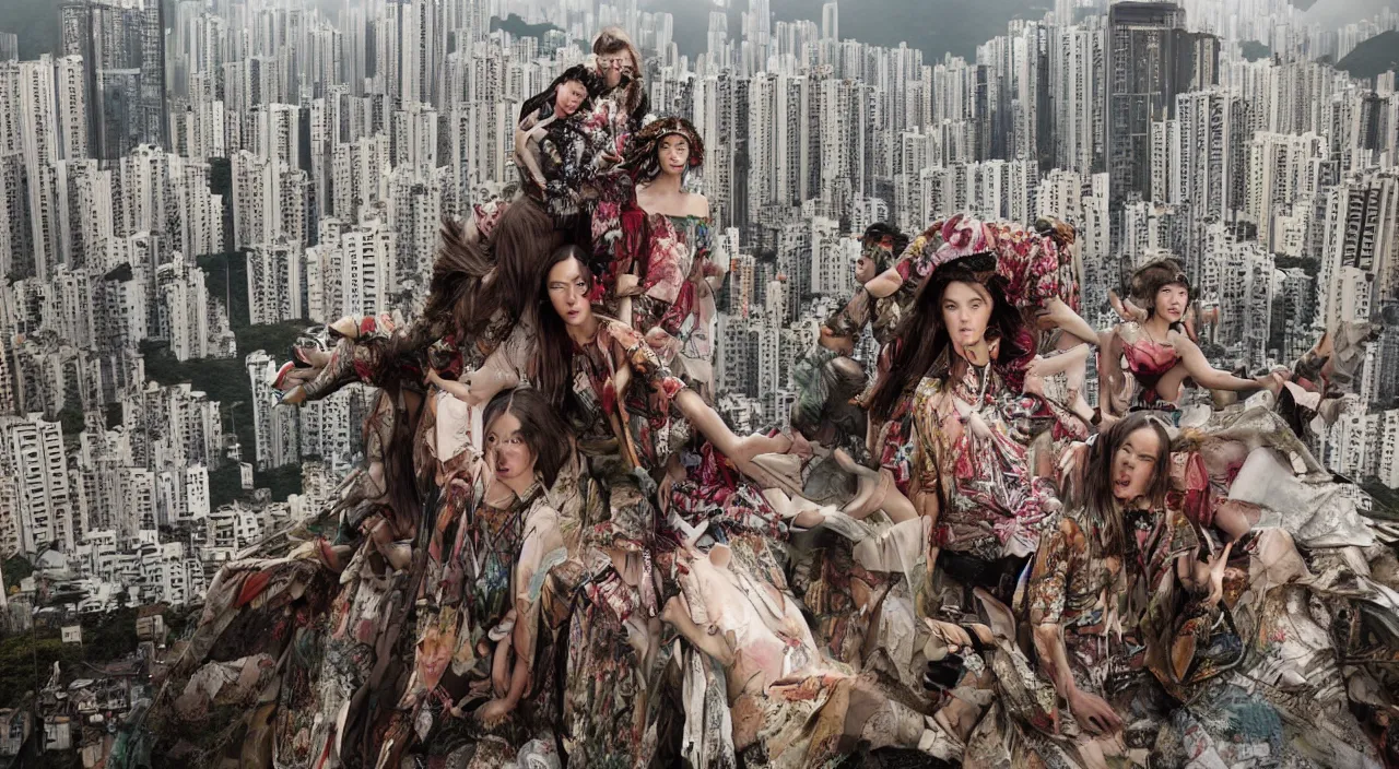 Image similar to fashion editorial portrait by jimmy nelson. on a roof. in hong kong