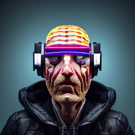 Image similar to Colour Photography of 1000 years old man with highly detailed 1000 years old face wearing higly detailed cyberpunk VR Headset designed by Josan Gonzalez. Man eating higly detailed hot-dog. In style of Josan Gonzalez and Johannes Vermeer and Mike Winkelmann and Caspar David Friedrich. Rendered in Blender