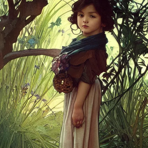 Image similar to a small child mischievously peeking out from behind a tree. painting by artgerm and greg rutkowski and alphonse mucha