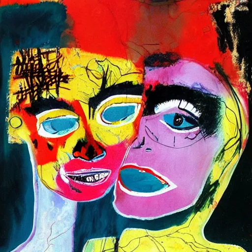 Prompt: acrylic painting of two bizarre psychedelic women kissing in japan in autumn, speculative evolution, mixed media collage by basquiat and jackson pollock, maximalist magazine collage art, sapphic art, psychedelic illustration
