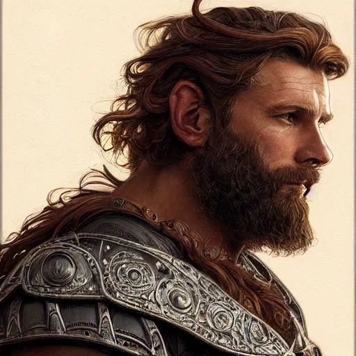 Prompt: portrait of a ruggedly handsome paladin, soft hair, muscular, half body, leather, hairy, d & d, fantasy, intricate, elegant, highly detailed, digital painting, artstation, concept art, smooth, sharp focus, illustration, art by artgerm and greg rutkowski and alphonse mucha