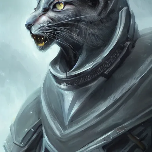 Image similar to Portrait of a humanoid feline man by Greg Rutkowski, hard predatory look, pointed ears, prominent jaw and visible fangs, wearing a futuristic space tactical gear that looks like a mix between the samurai, viking and templar aesthetics, mix between tribal and hi-tech, highly detailed portrait, scifi, space opera, digital painting, artstation, concept art, smooth, sharp foccus ilustration, Artstation HQ