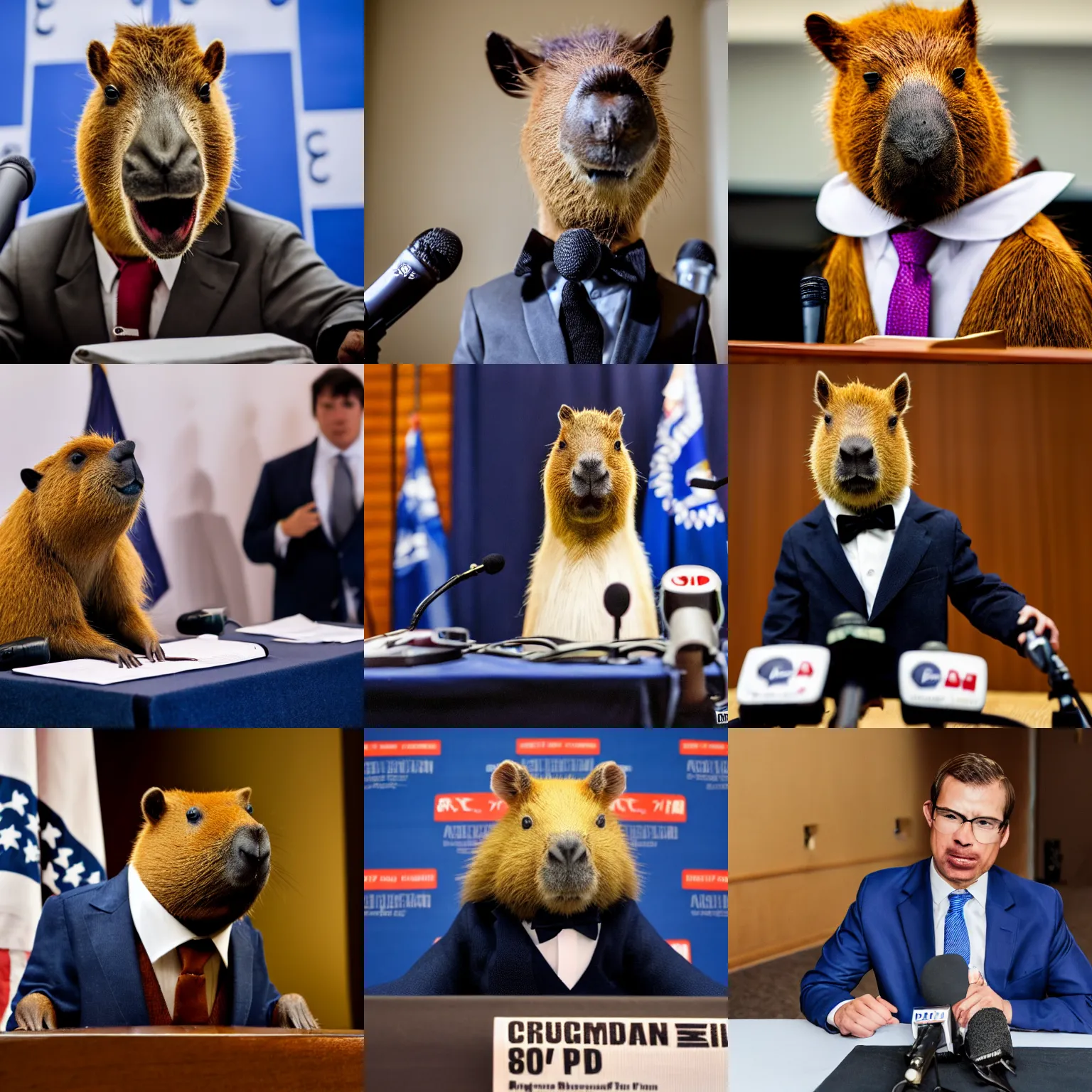 Prompt: a president capybara wearing a suit giving a press conference on a table with microphones, high quality, sigma 85mm, 4k