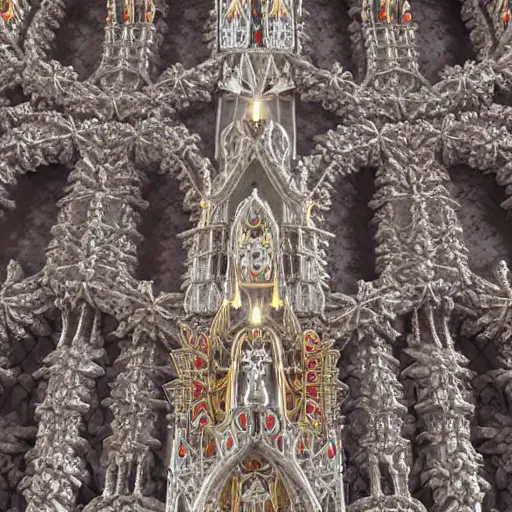 Image similar to a hyperrealistic 3 d render of a delicate ivory sculpture of an ornate detailed cathedral populated by mandelbrot fractals, micro detail, unreal engine, backlit lighting, octane renderer, catholicpunk, colorful, physically based rendering, carved soap, trending on cgsociety